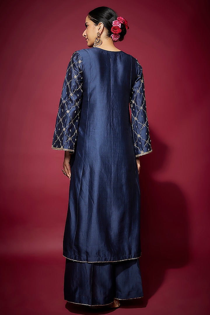 Navy Blue Handwoven Chanderi Zardosi Embroidered Kurta Set by The Aarya at Pernia's Pop Up Shop