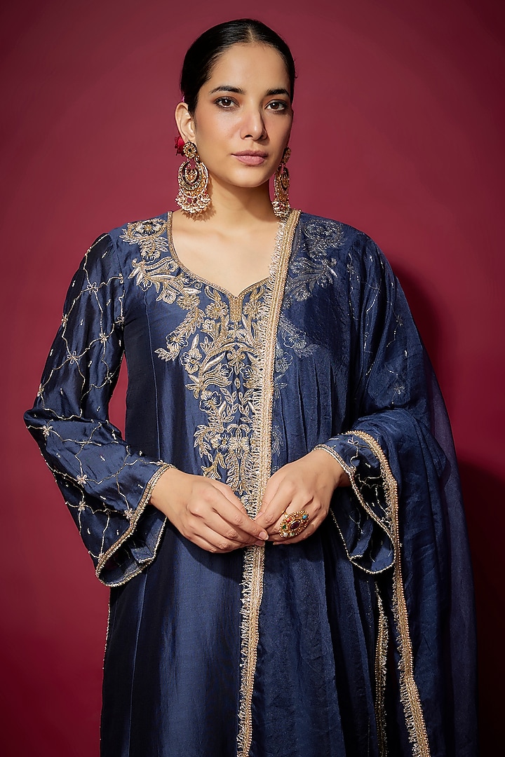 Navy Blue Handwoven Chanderi Zardosi Embroidered Kurta Set by The Aarya at Pernia's Pop Up Shop