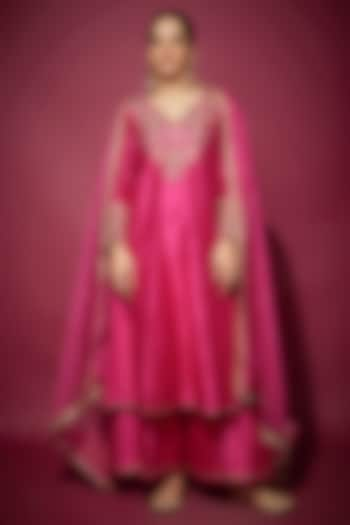 Pink Handwoven Chanderi Zardosi Embroidered Kurta Set by The Aarya at Pernia's Pop Up Shop