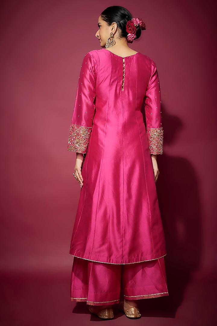 Pink Handwoven Chanderi Zardosi Embroidered Kurta Set by The Aarya at Pernia's Pop Up Shop