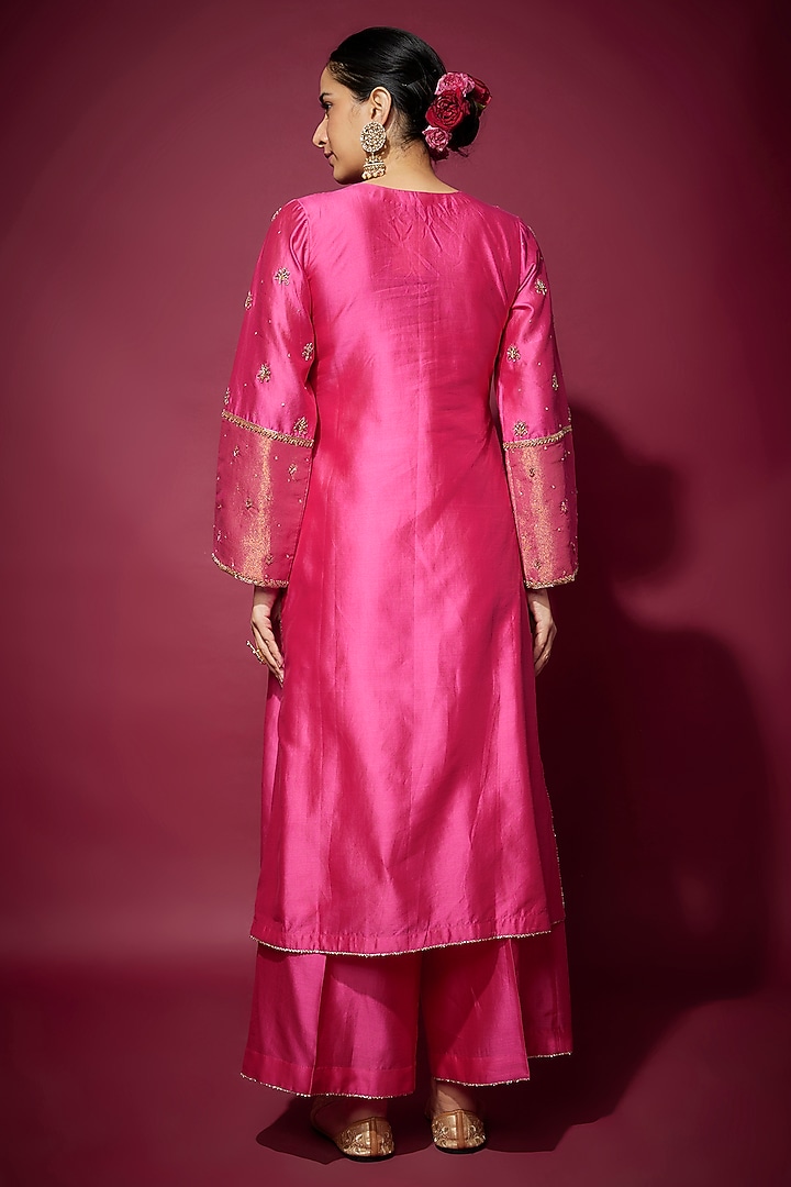 Pink Handwoven Chanderi Zardosi Embroidered Kurta Set by The Aarya at Pernia's Pop Up Shop