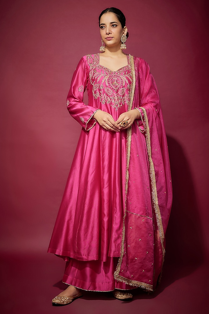 Pink Handwoven Chanderi Zardosi Embroidered Anarkali Set by The Aarya at Pernia's Pop Up Shop