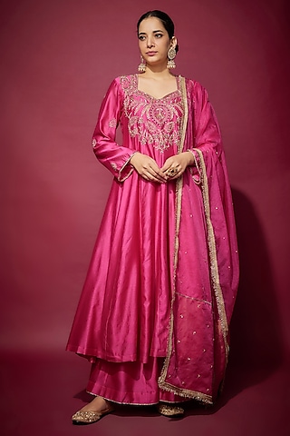 Pink Handwoven Chanderi Zardosi Embroidered Anarkali Set by The Aarya