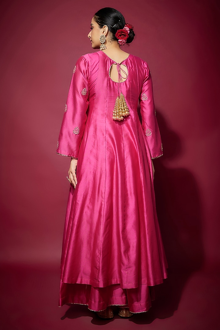 Pink Handwoven Chanderi Zardosi Embroidered Wedding Anarkali Set by The Aarya at Pernia's Pop Up Shop
