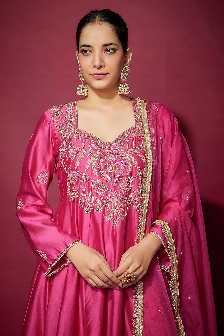 Pink Handwoven Chanderi Zardosi Embroidered Wedding Anarkali Set by The Aarya at Pernia's Pop Up Shop