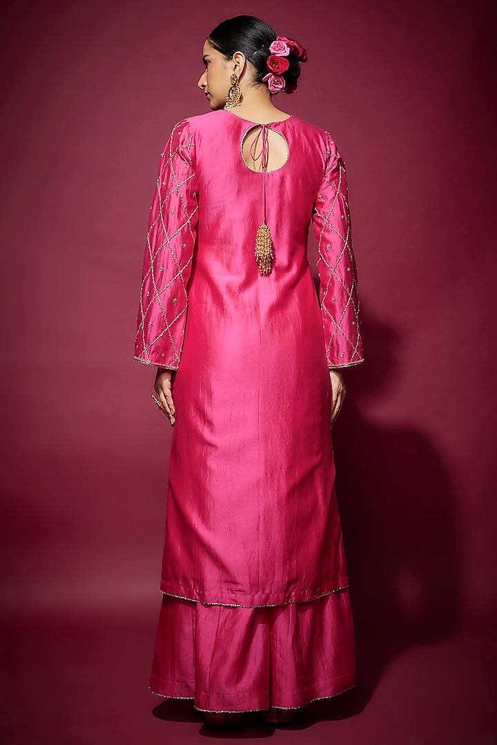 Pink Handwoven Chanderi Zardosi Embroidered Kurta Set by The Aarya at Pernia's Pop Up Shop
