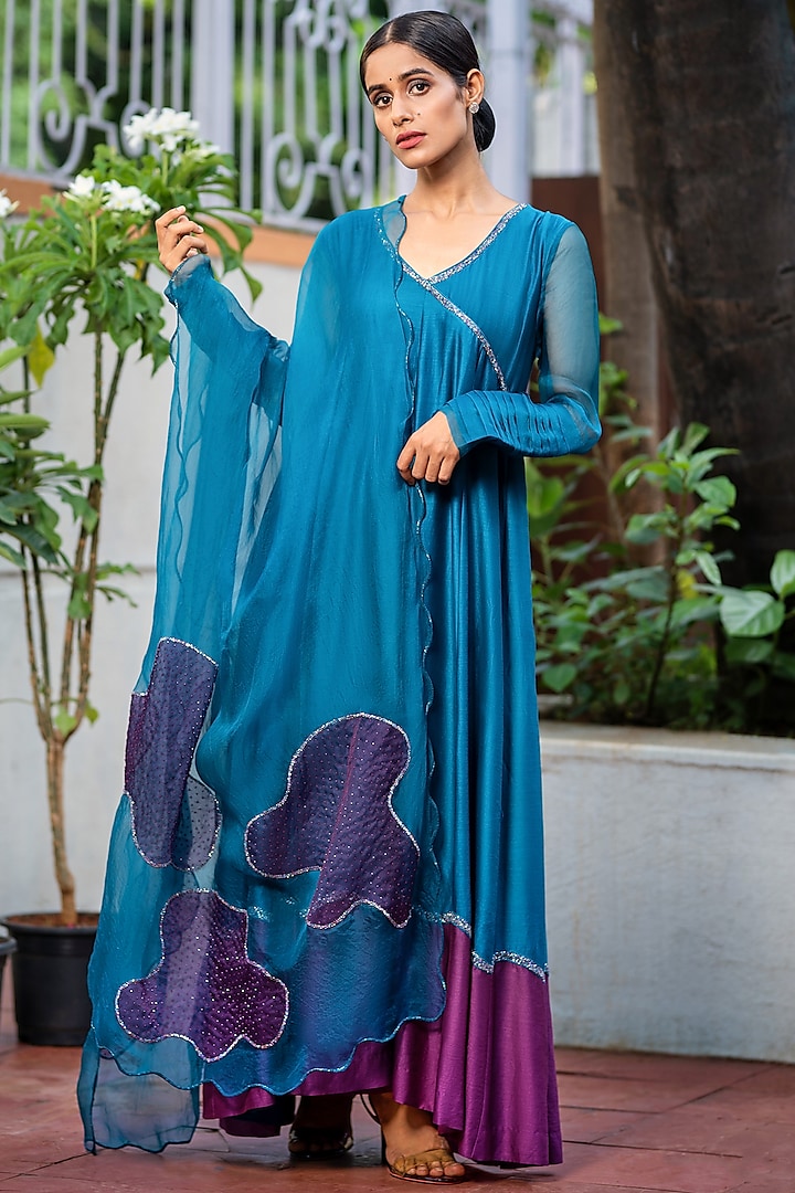 Teal Blue Embroidered Anarkali Set by The Aarya