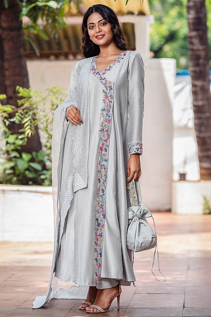 Light Grey Embroidered Anarkali Set by The Aarya