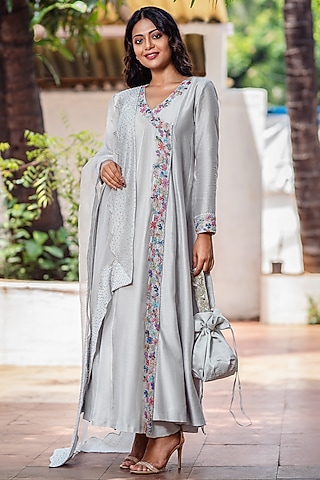 Light Grey Embroidered Anarkali Set by The Aarya