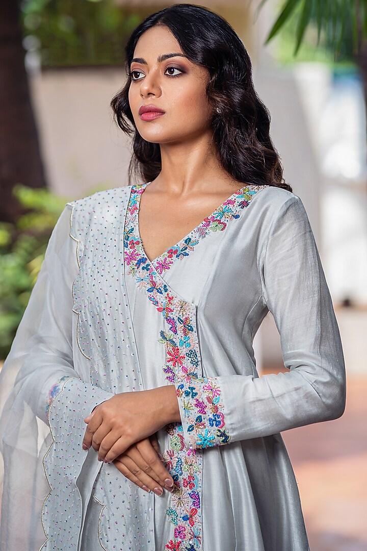 Light Grey Embroidered Wedding Anarkali Set by The Aarya at Pernia's Pop Up Shop