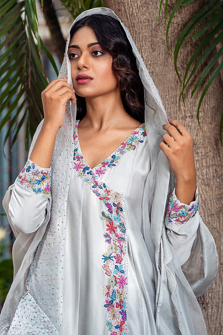 Light Grey Embroidered Wedding Anarkali Set by The Aarya at Pernia's Pop Up Shop