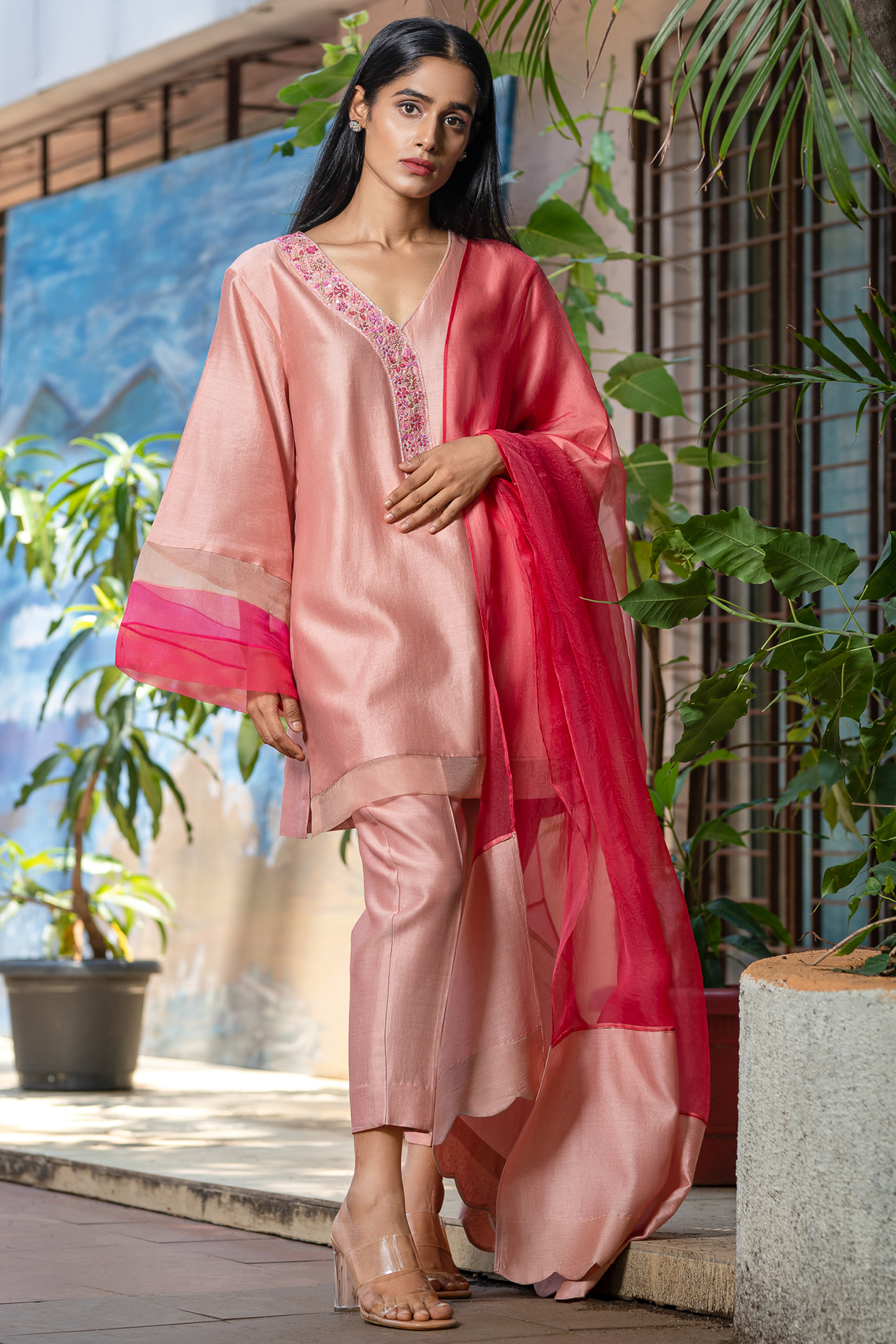 Peach Chanderi Embroidered Kurta Set by The Aarya at Pernia's Pop Up Shop