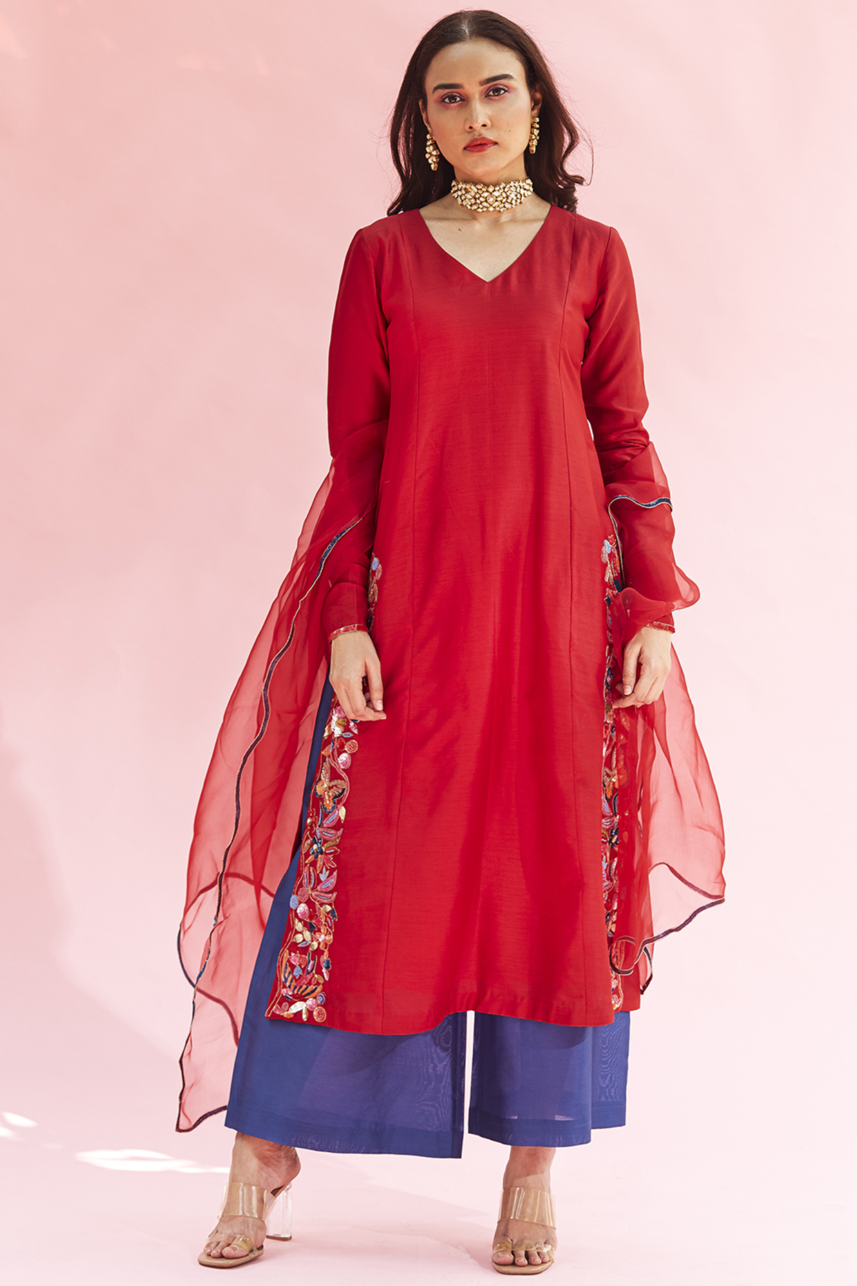 Red Chanderi Embroidered Kurta Set by The Aarya at Pernia's Pop Up Shop