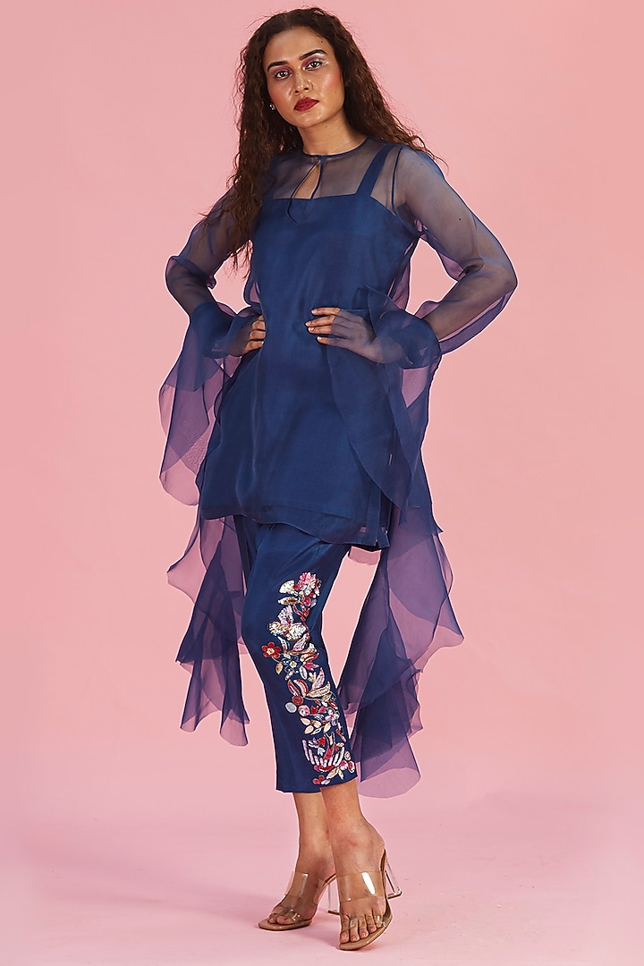 Navy Blue Organza Kurta Set by The Aarya at Pernia's Pop Up Shop