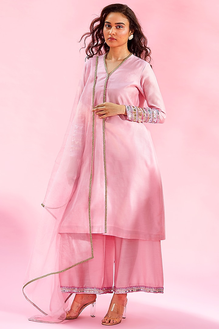 Light Pink Embroidered A-Line Kurta Set by The Aarya at Pernia's Pop Up Shop