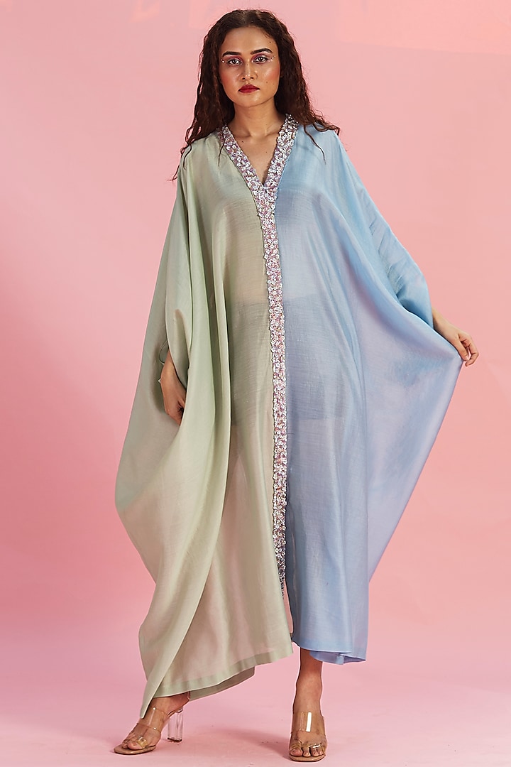 Mint Green & Light Blue Embroidered Kaftan by The Aarya