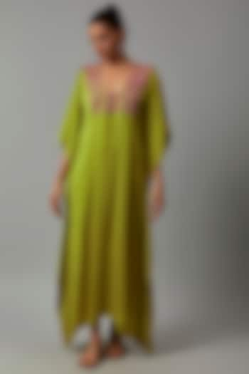 Lime Green Satin Embroidered Kaftan by The Aarya at Pernia's Pop Up Shop