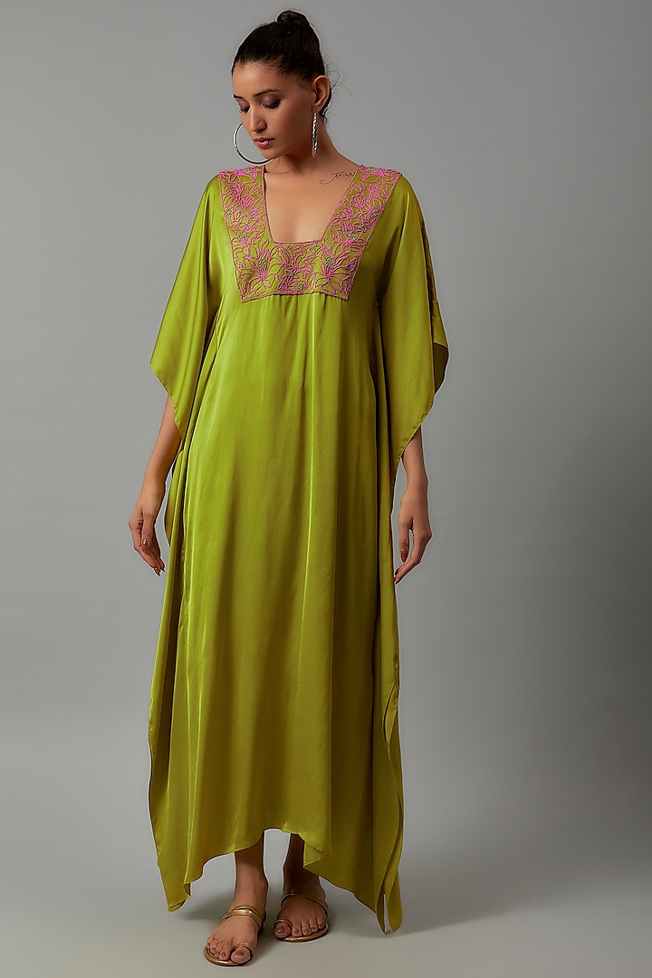Lime Green Satin Embroidered Kaftan by The Aarya