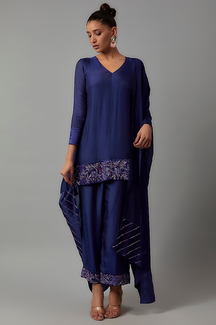 Midnight Blue Mashru Silk Embroidered Kurta Set by The Aarya