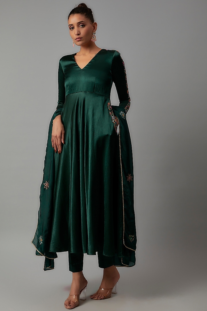 Emerald Green Mashru Silk Embroidered Anarkali Set by The Aarya