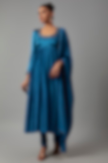 Peacock Blue Mashru Silk Embroidered Party Wear Anarkali Set by The Aarya at Pernia's Pop Up Shop