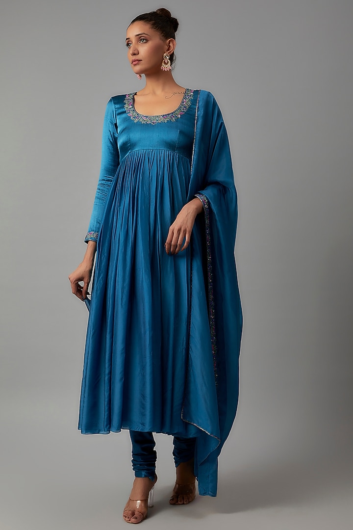 Peacock Blue Mashru Silk Embroidered Party Wear Anarkali Set by The Aarya at Pernia's Pop Up Shop