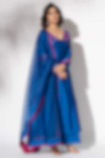 Electric Blue Pure Handwoven Chanderi Embroidered Anarkali Set by The Aarya