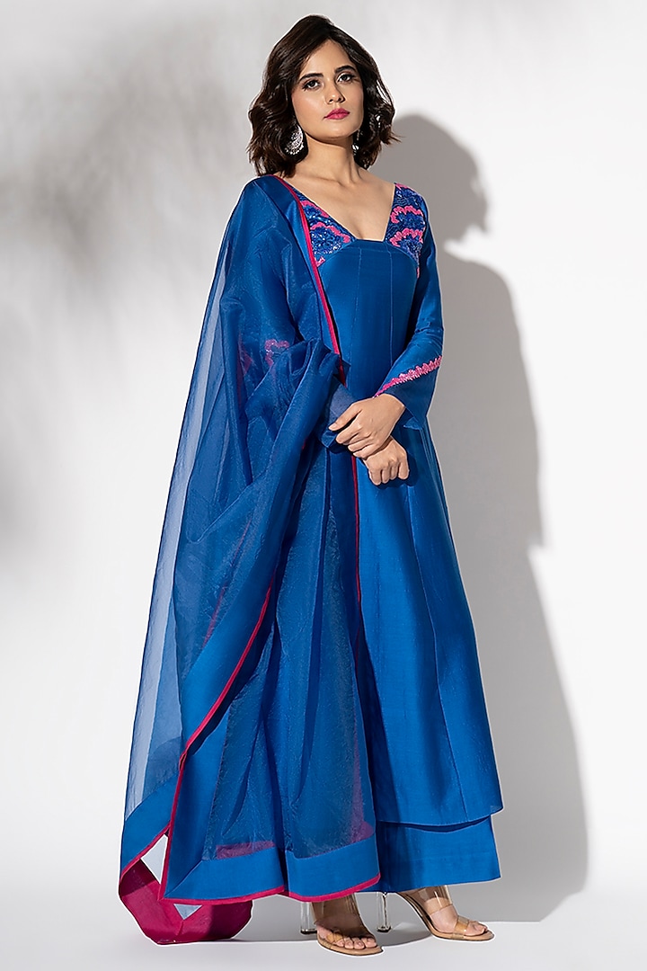 Electric Blue Pure Handwoven Chanderi Embroidered Anarkali Set by The Aarya