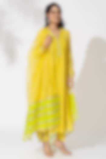 Yellow Pure Chanderi Hand Embroidered Anarkali Set by The Aarya