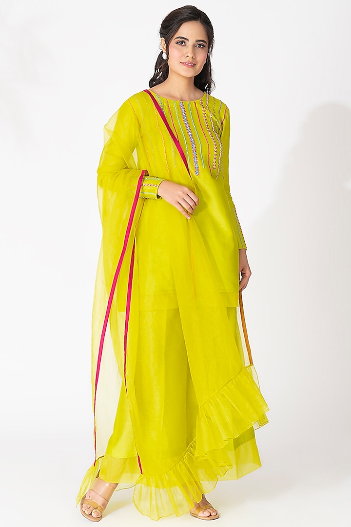 Lime Green Pure Chanderi Embroidered Kurta Set by The Aarya