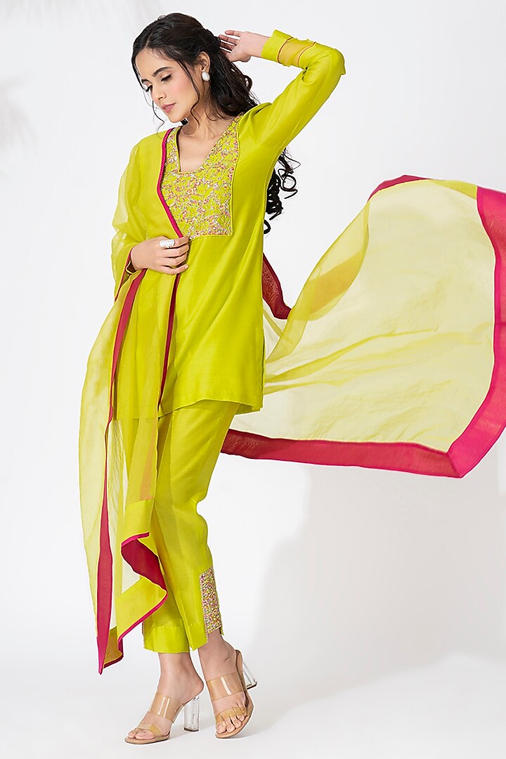 Lime Green Pure Chanderi Embroidered Kurta Set by The Aarya