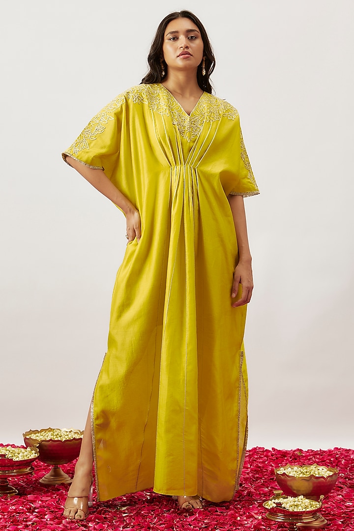 Lime Green Handwoven Chanderi Zari Dori Embroidered Pleated Kaftan by The Aarya