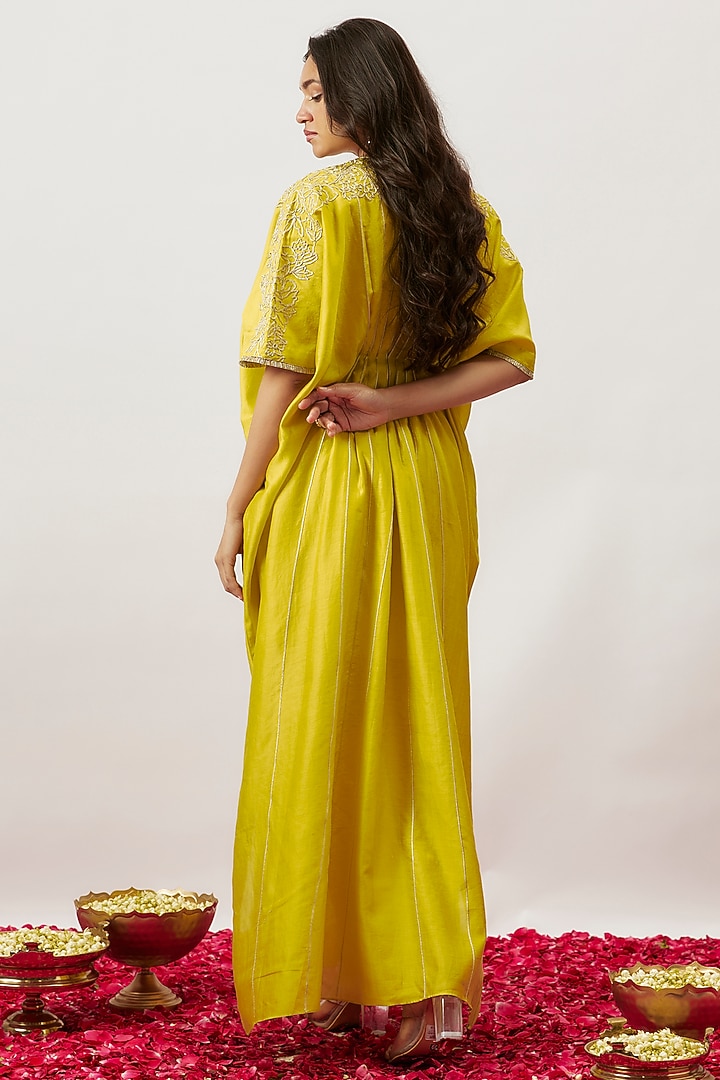Lime Green Handwoven Chanderi Zari Dori Embroidered Pleated Kaftan by The Aarya at Pernia's Pop Up Shop