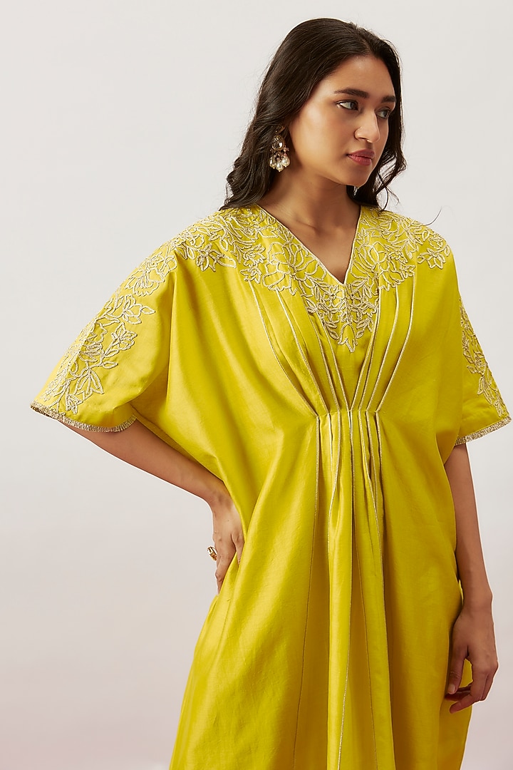 Lime Green Handwoven Chanderi Zari Dori Embroidered Pleated Kaftan by The Aarya at Pernia's Pop Up Shop