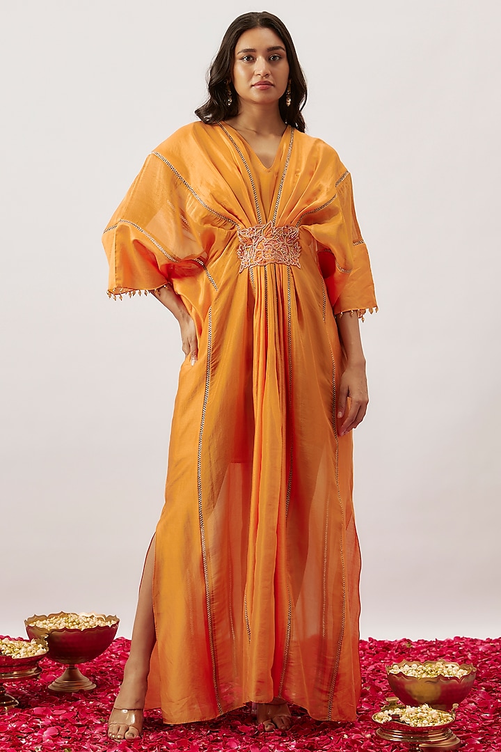 Orange Handwoven Chanderi Dori Embroidered Pleated Kaftan by The Aarya