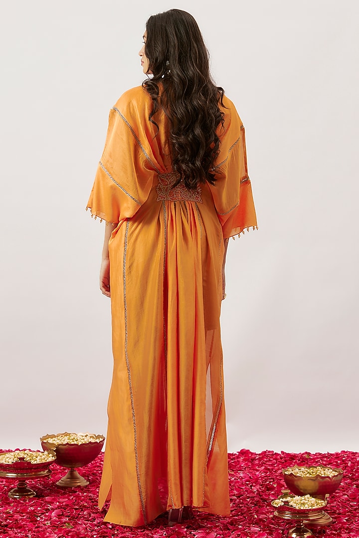 Orange Handwoven Chanderi Dori Embroidered Pleated Kaftan by The Aarya at Pernia's Pop Up Shop