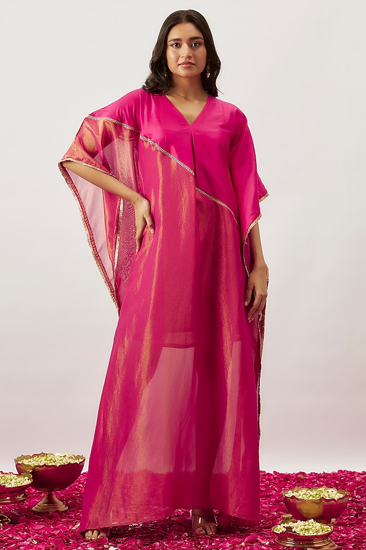 Pink Handwoven Chanderi Zari Dori Embroidered Kaftan by The Aarya