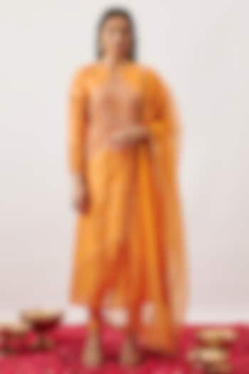 Orange Handwoven Chanderi & Zari Organza Cutdana Embroidered Kurta Set by The Aarya