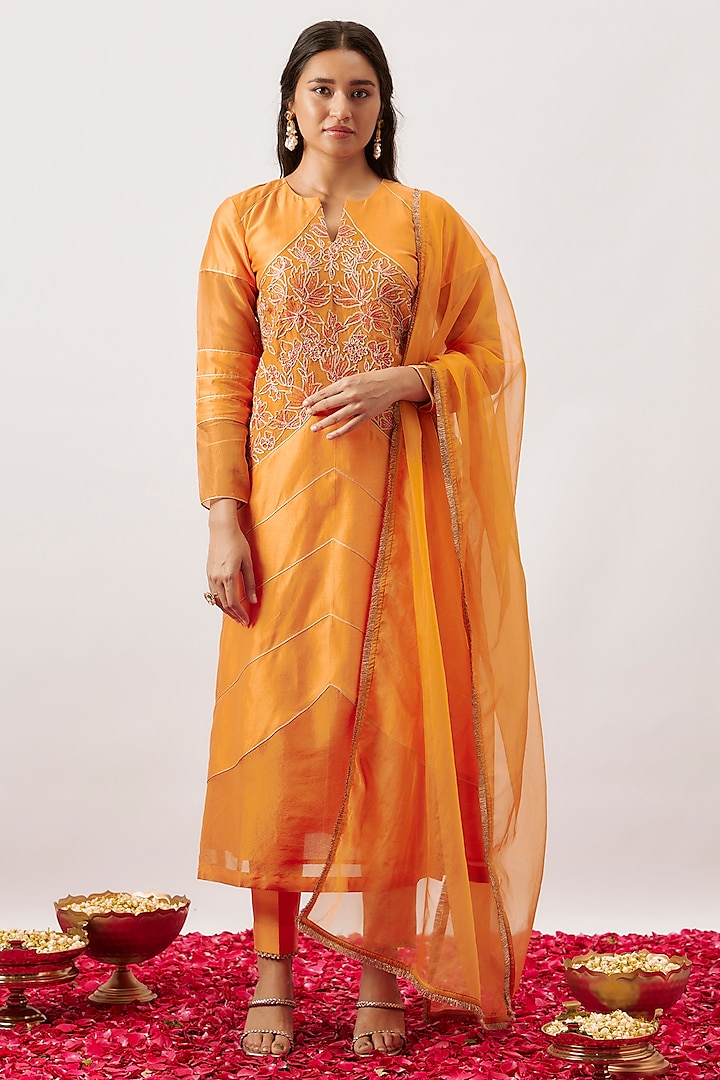 Orange Handwoven Chanderi & Zari Organza Cutdana Embroidered Kurta Set by The Aarya