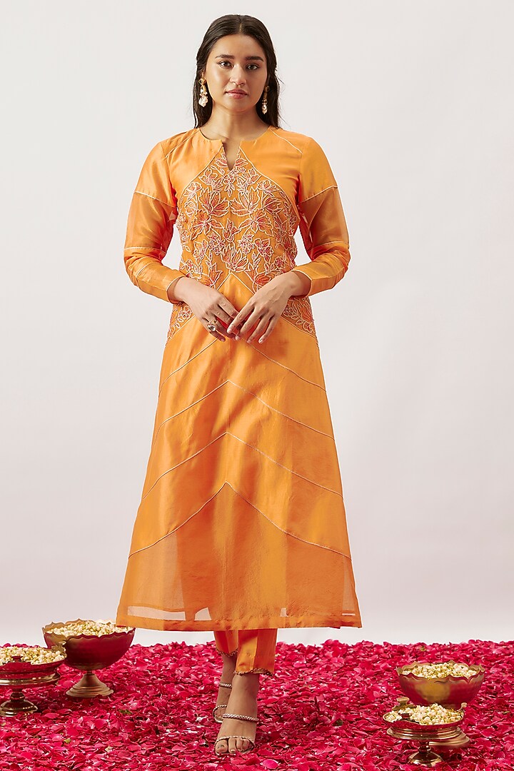 Orange Handwoven Chanderi & Zari Organza Cutdana Embroidered Kurta Set by The Aarya at Pernia's Pop Up Shop