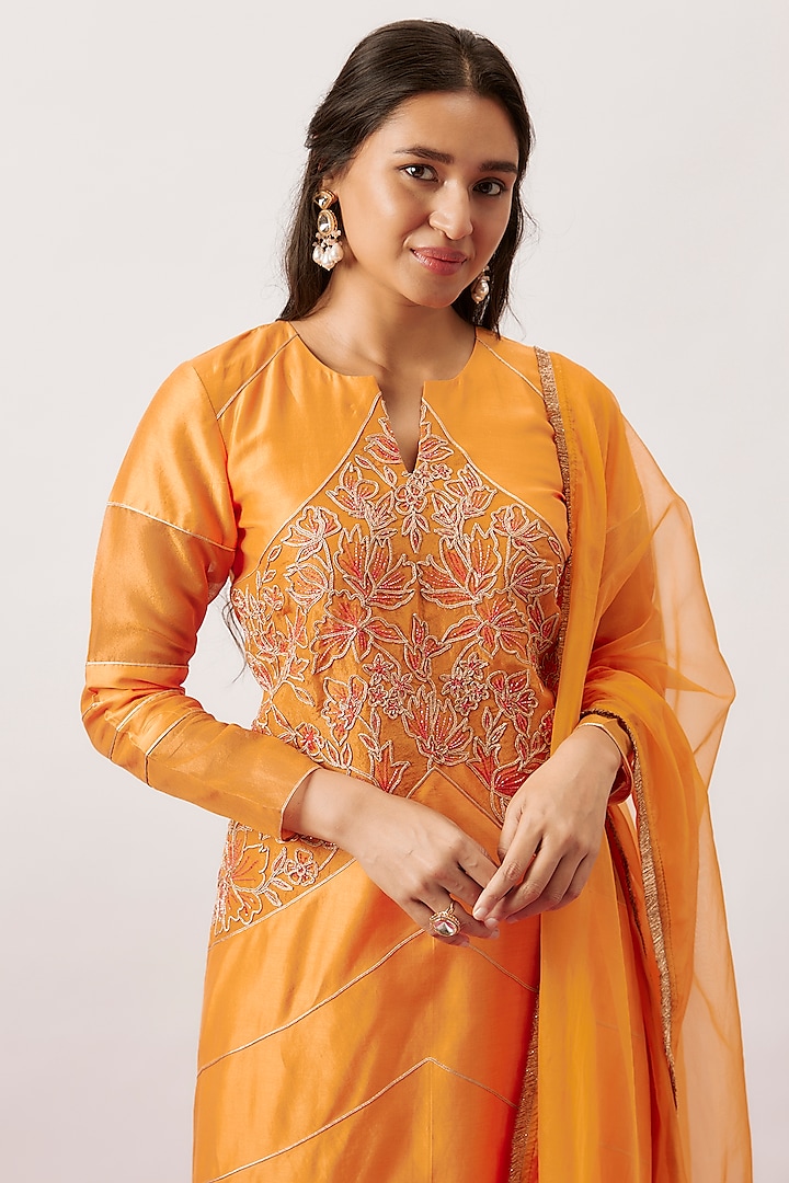 Orange Handwoven Chanderi & Zari Organza Cutdana Embroidered Kurta Set by The Aarya at Pernia's Pop Up Shop
