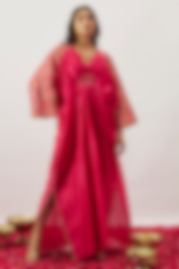 Pink Handwoven Chanderi Zari Dori Embroidered Pleated Kaftan by The Aarya at Pernia's Pop Up Shop