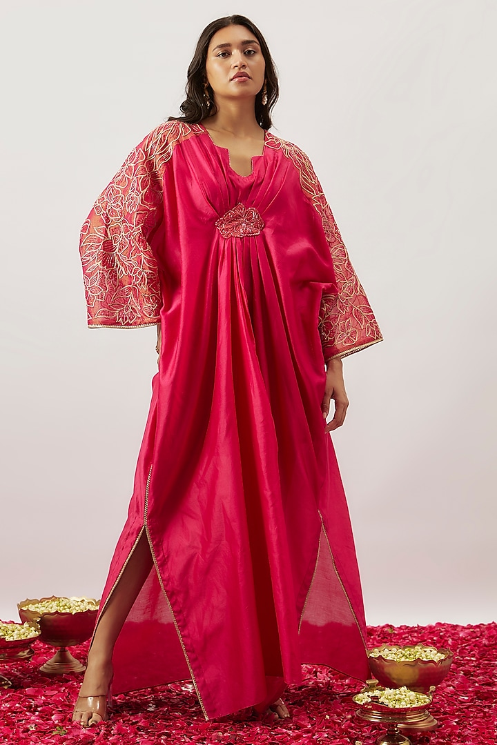 Pink Handwoven Chanderi Zari Dori Embroidered Pleated Kaftan by The Aarya