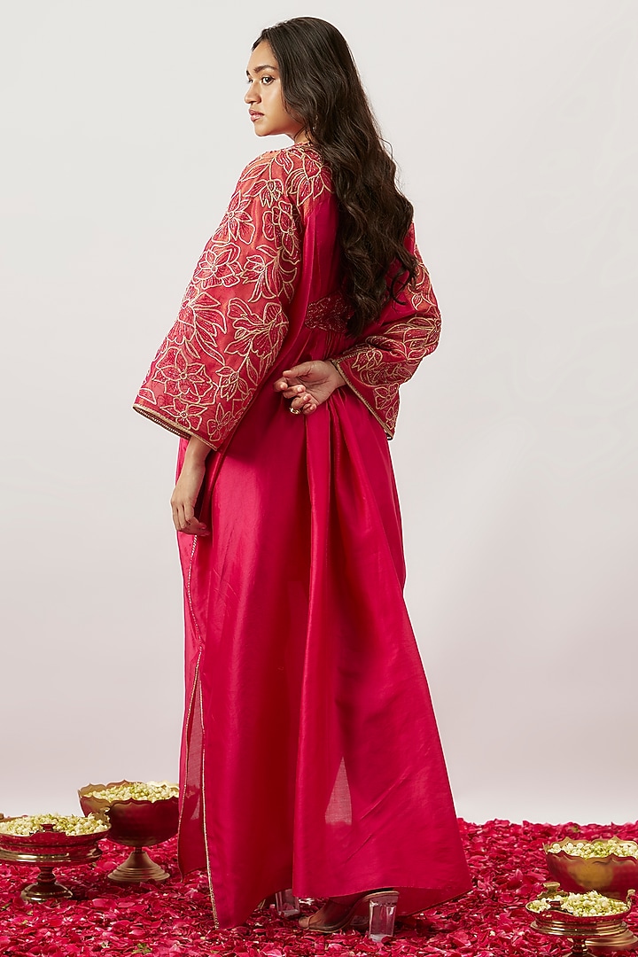 Pink Handwoven Chanderi Zari Dori Embroidered Pleated Kaftan by The Aarya at Pernia's Pop Up Shop