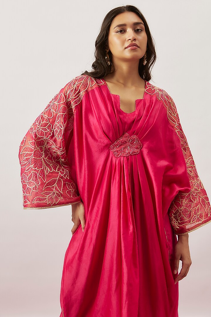 Pink Handwoven Chanderi Zari Dori Embroidered Pleated Kaftan by The Aarya at Pernia's Pop Up Shop