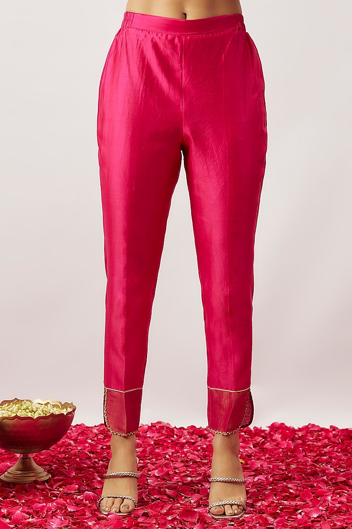 Pink Handwoven Chanderi & Zari Organza Hand Embroidered Kurta Set by The Aarya at Pernia's Pop Up Shop