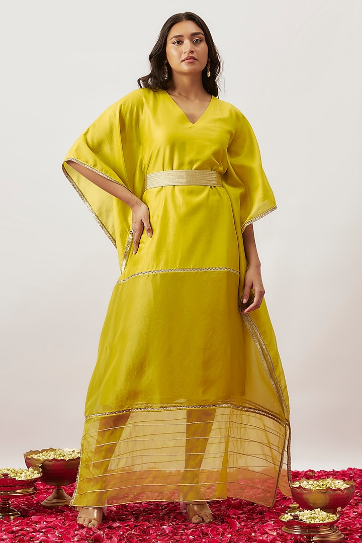 Lime Green Handwoven Chanderi & Zari Organza Kaftan With Belt by The Aarya