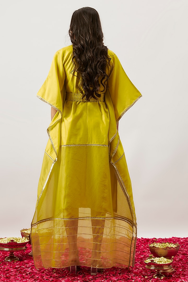 Lime Green Handwoven Chanderi & Zari Organza Kaftan With Belt by The Aarya at Pernia's Pop Up Shop