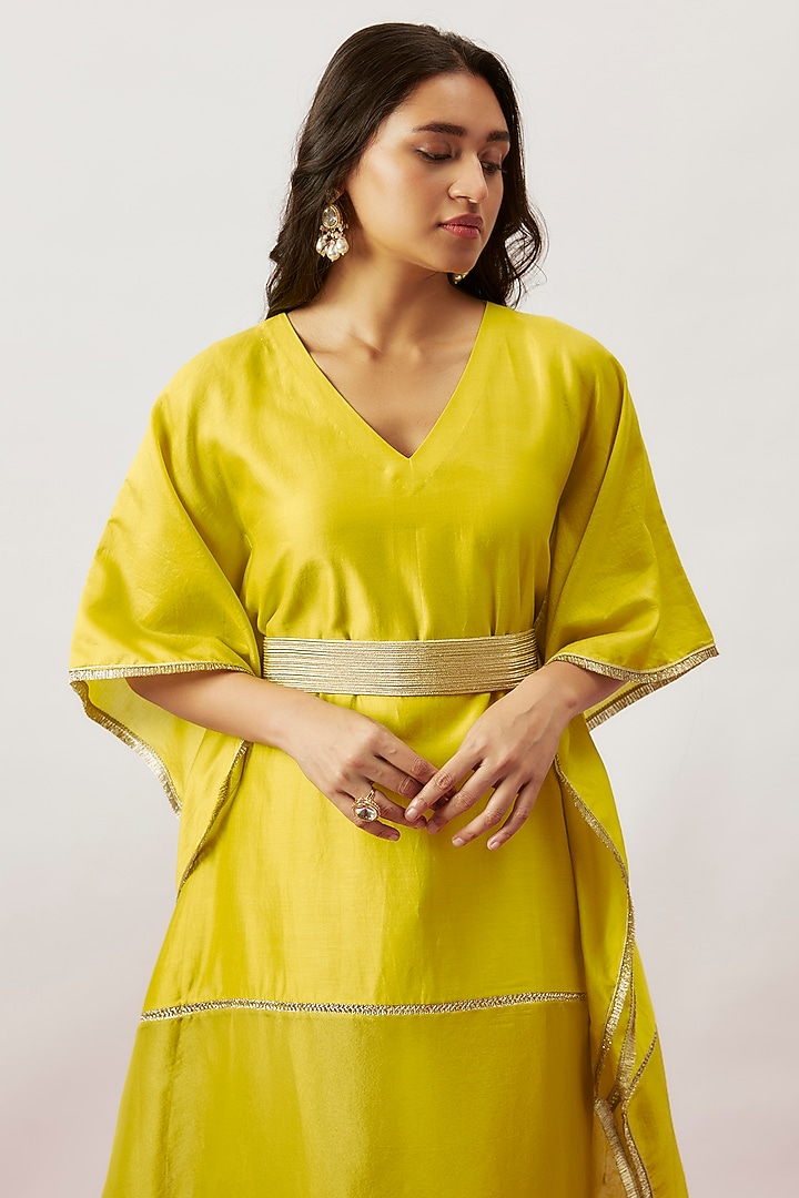 Lime Green Handwoven Chanderi & Zari Organza Kaftan With Belt by The Aarya at Pernia's Pop Up Shop