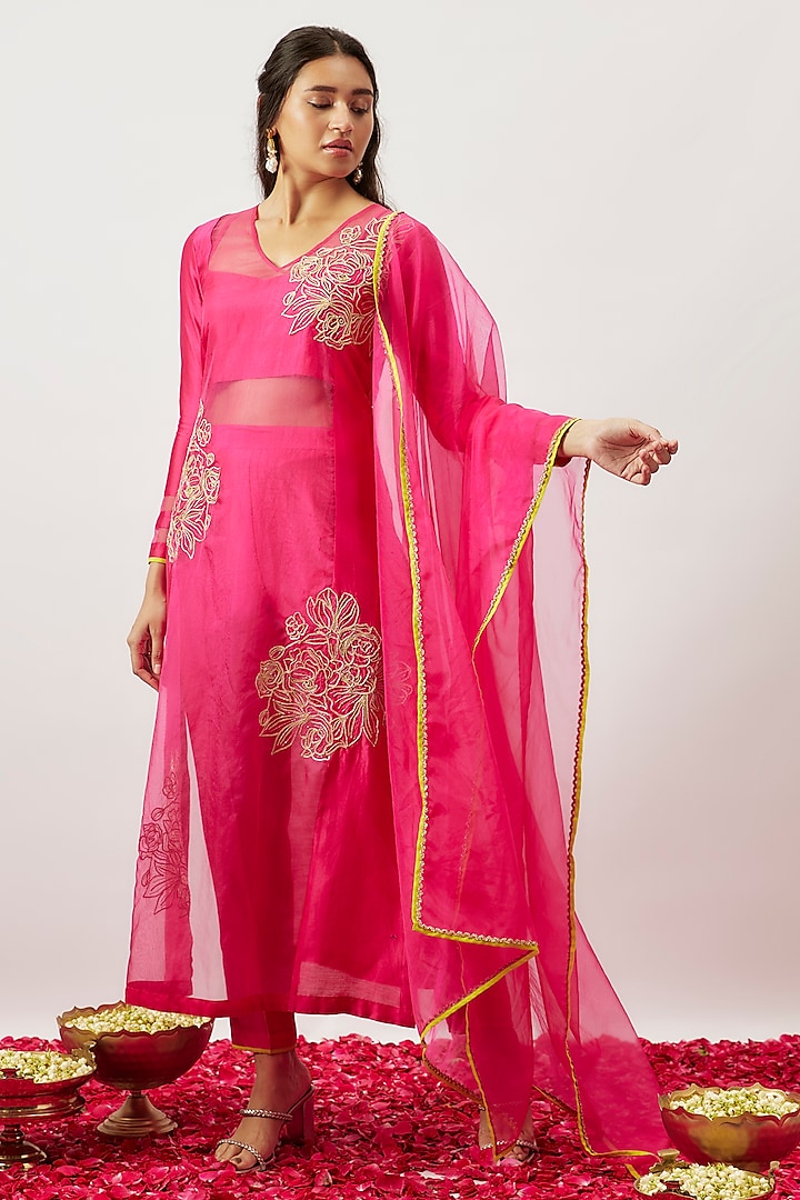 Pink Handwoven Chanderi Zari Dori Embroidered Kalidar Kurta Set by The Aarya
